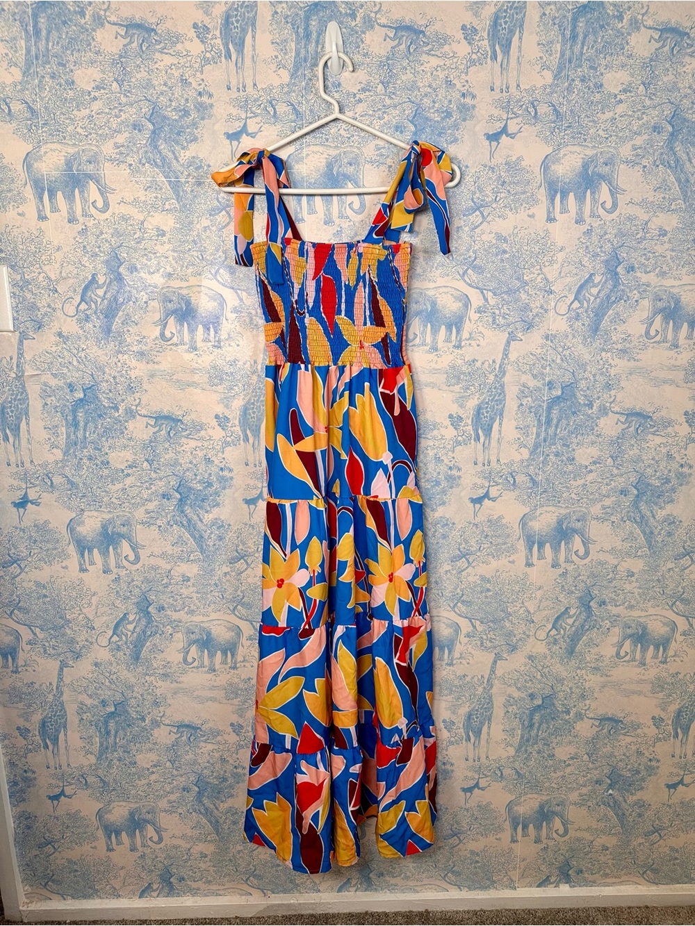 Boho Floral Smocked Tie Strap Tiered Maxi Dress Cottagecore Coastal Chic